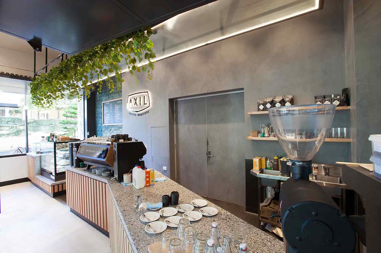 Axil Melbourne University Cafe Kitchen Serving Area with Coffee Machine