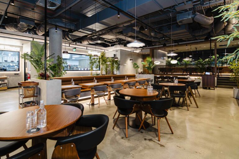 Custom bar bench and seating area for OMI 380 Melbourne Restaurant