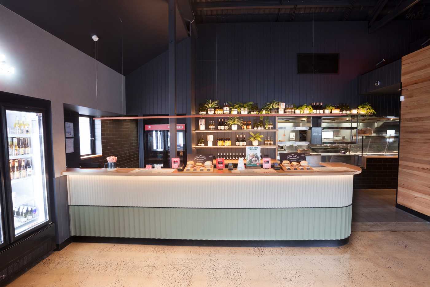 Commercial joinery restaurant fitout showing service counter and bar at Grill'd Tunstall Square Melbourne