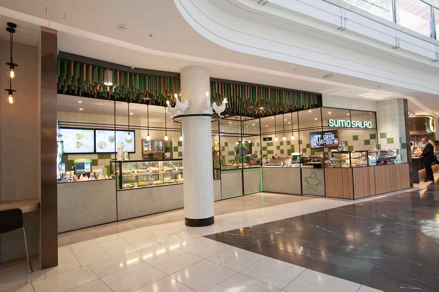 Complete restaurant fit-out completed by Shape Shopfitters for SumoSalad at Chadstone Shopping Centre Melbourne.